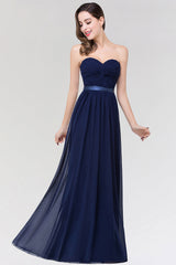 Affordable Sweetheart Ruffle Navy Chiffon Bridesmaid Dress With Ribbon-Babyonlines
