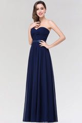 Affordable Sweetheart Ruffle Navy Chiffon Bridesmaid Dress With Ribbon-Babyonlines