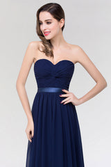 Affordable Sweetheart Ruffle Navy Chiffon Bridesmaid Dress With Ribbon-Babyonlines