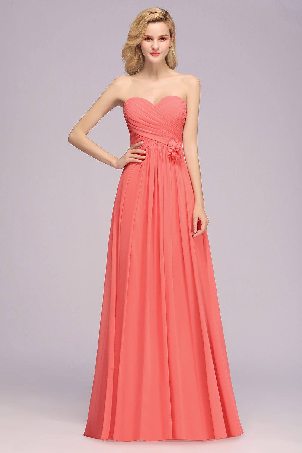 Affordable Sweetheart Strapless Chiffon Bridesmaid Dress with Flower-Babyonlines