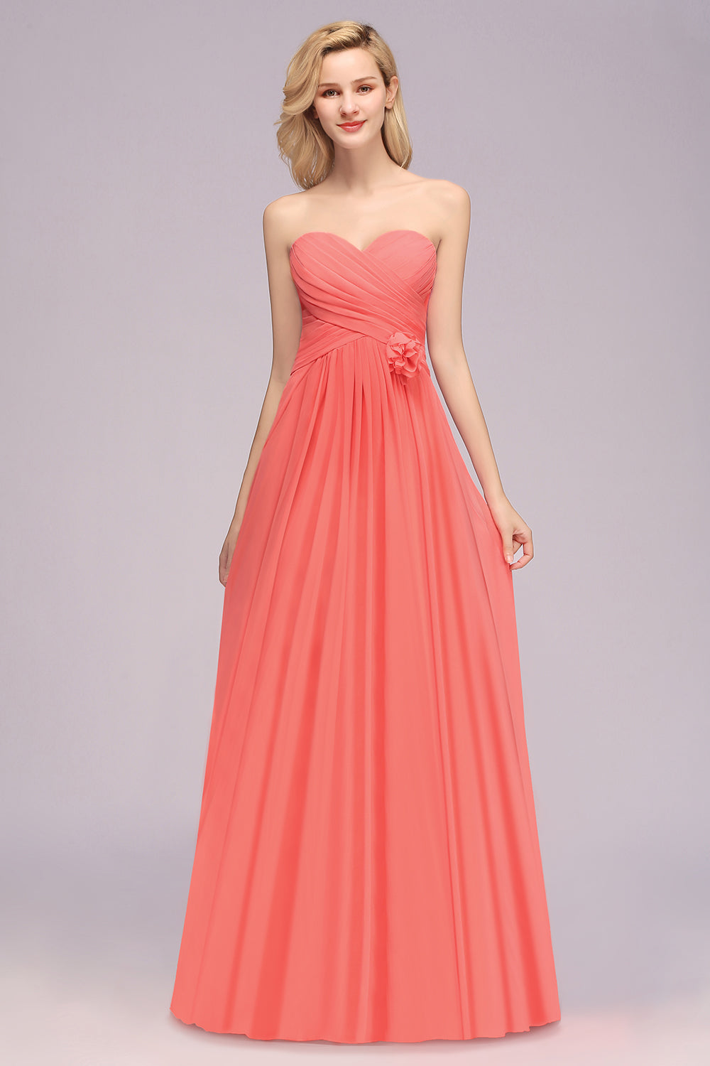 Affordable Sweetheart Strapless Chiffon Bridesmaid Dress with Flower-Babyonlines