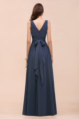 Affordable V-Neck Chiffon Long Stormy Bridesmaid Dress With Slit-Babyonlines
