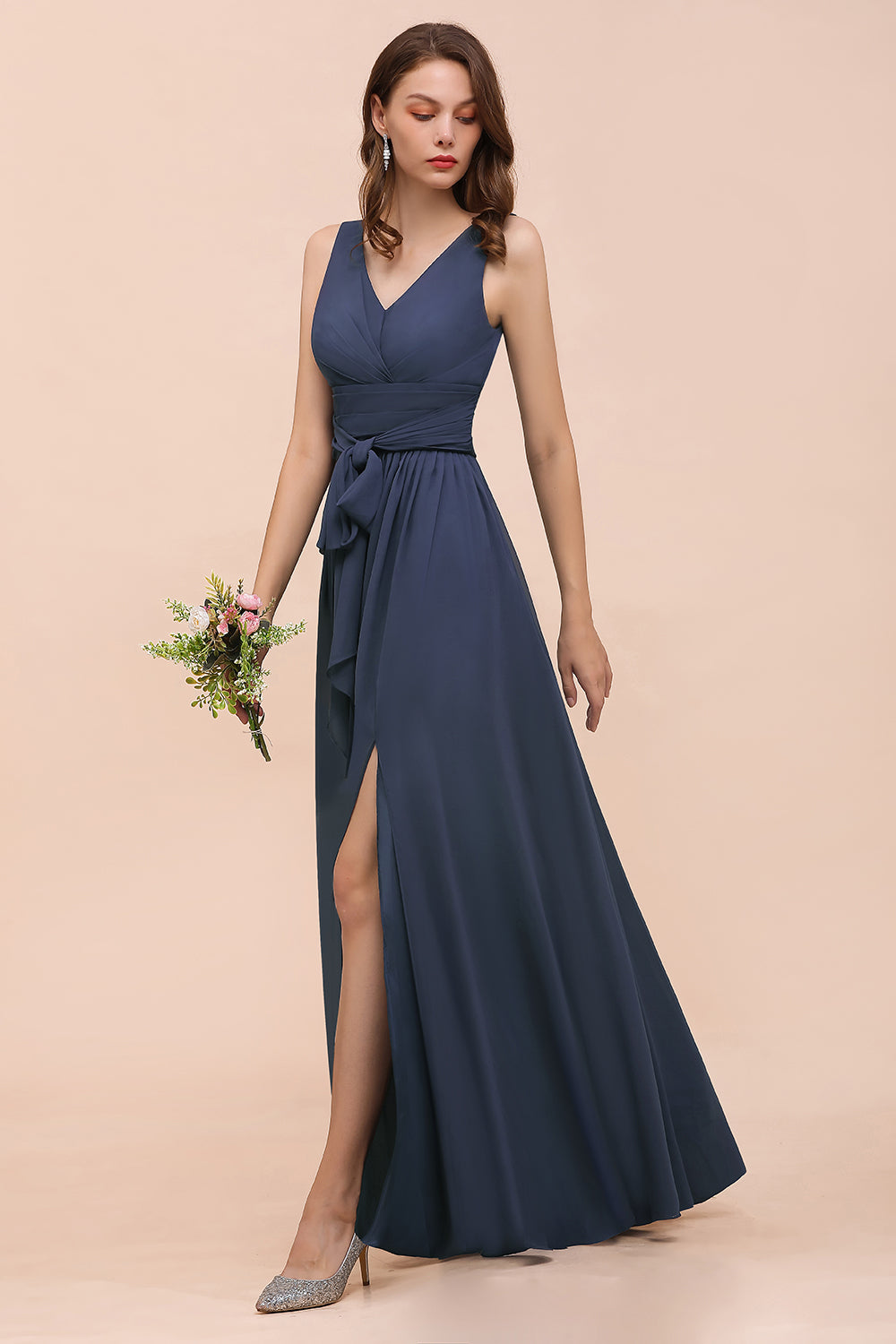 Affordable V-Neck Chiffon Long Stormy Bridesmaid Dress With Slit-Babyonlines
