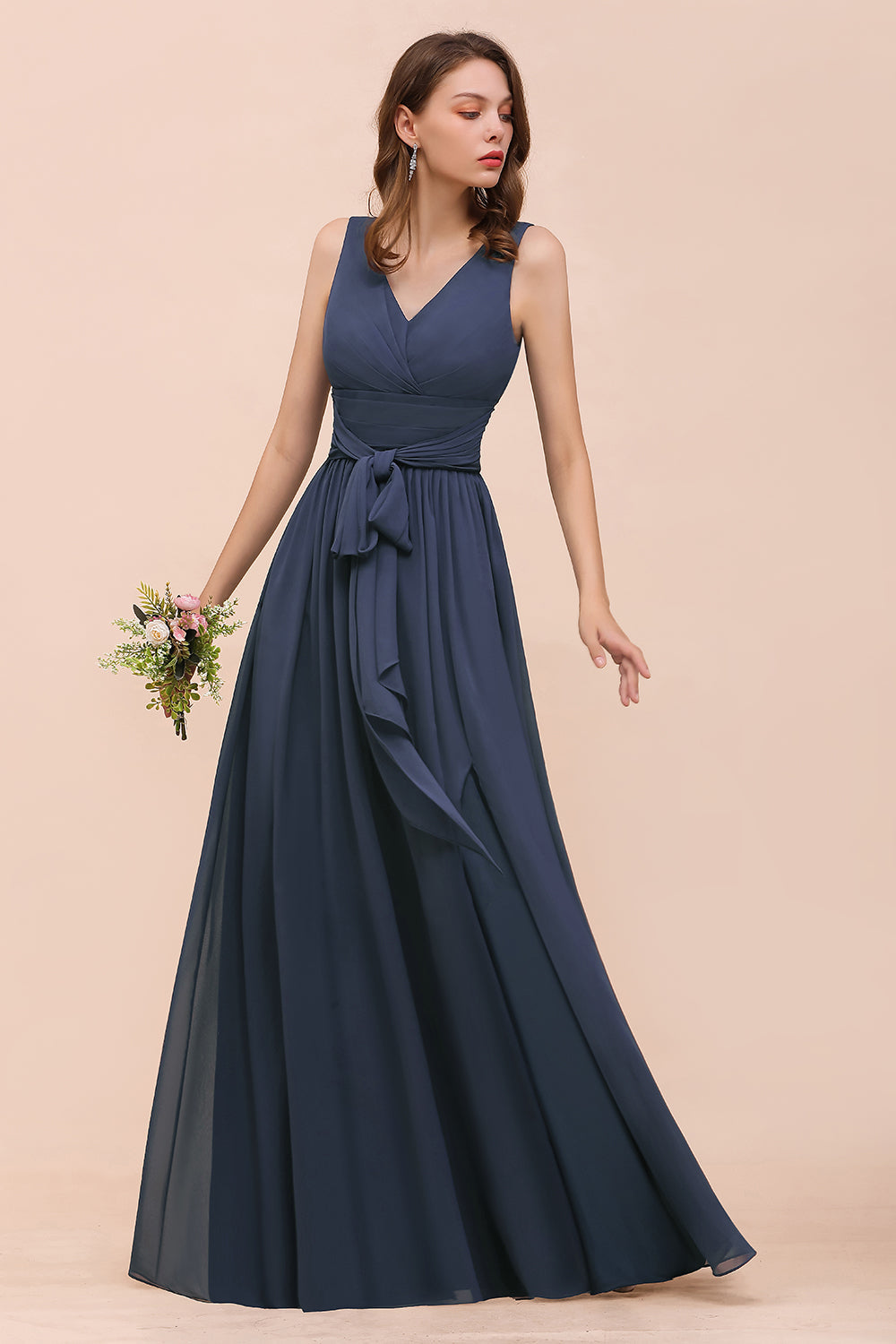 Affordable V-Neck Chiffon Long Stormy Bridesmaid Dress With Slit-Babyonlines