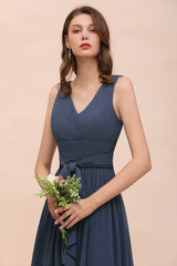 Affordable V-Neck Chiffon Long Stormy Bridesmaid Dress With Slit-Babyonlines