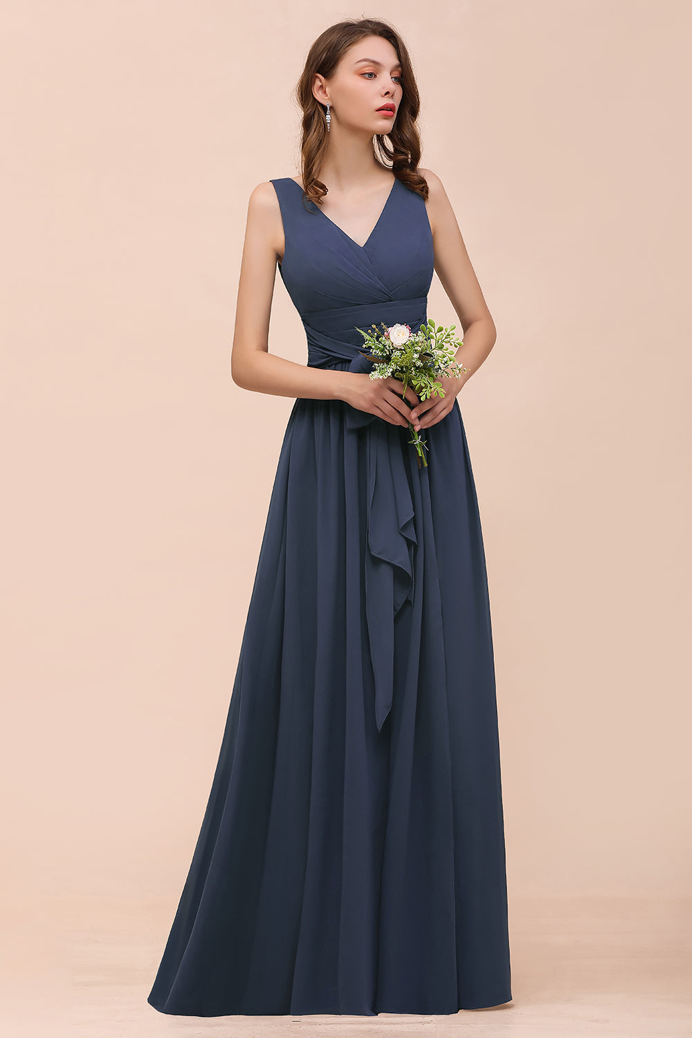 Affordable V-Neck Chiffon Long Stormy Bridesmaid Dress With Slit-Babyonlines