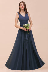 Affordable V-Neck Chiffon Long Stormy Bridesmaid Dress With Slit-Babyonlines