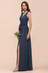 Affordable V-Neck Chiffon Long Stormy Bridesmaid Dress With Slit-Babyonlines