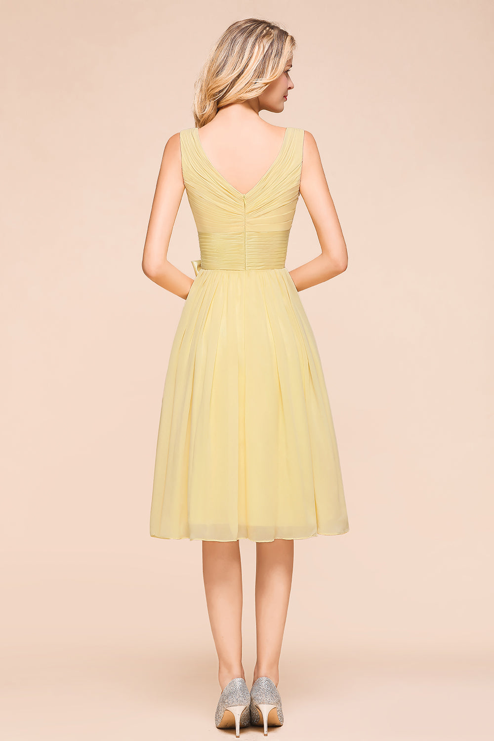 Affordable V-Neck Daffodil Chiffon Short Bridesmaid Dress with Ruffle-Babyonlines