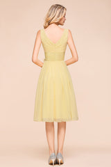 Affordable V-Neck Daffodil Chiffon Short Bridesmaid Dress with Ruffle-Babyonlines