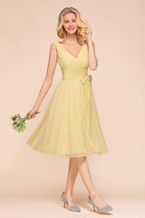 Affordable V-Neck Daffodil Chiffon Short Bridesmaid Dress with Ruffle-Babyonlines