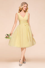 Affordable V-Neck Daffodil Chiffon Short Bridesmaid Dress with Ruffle-Babyonlines