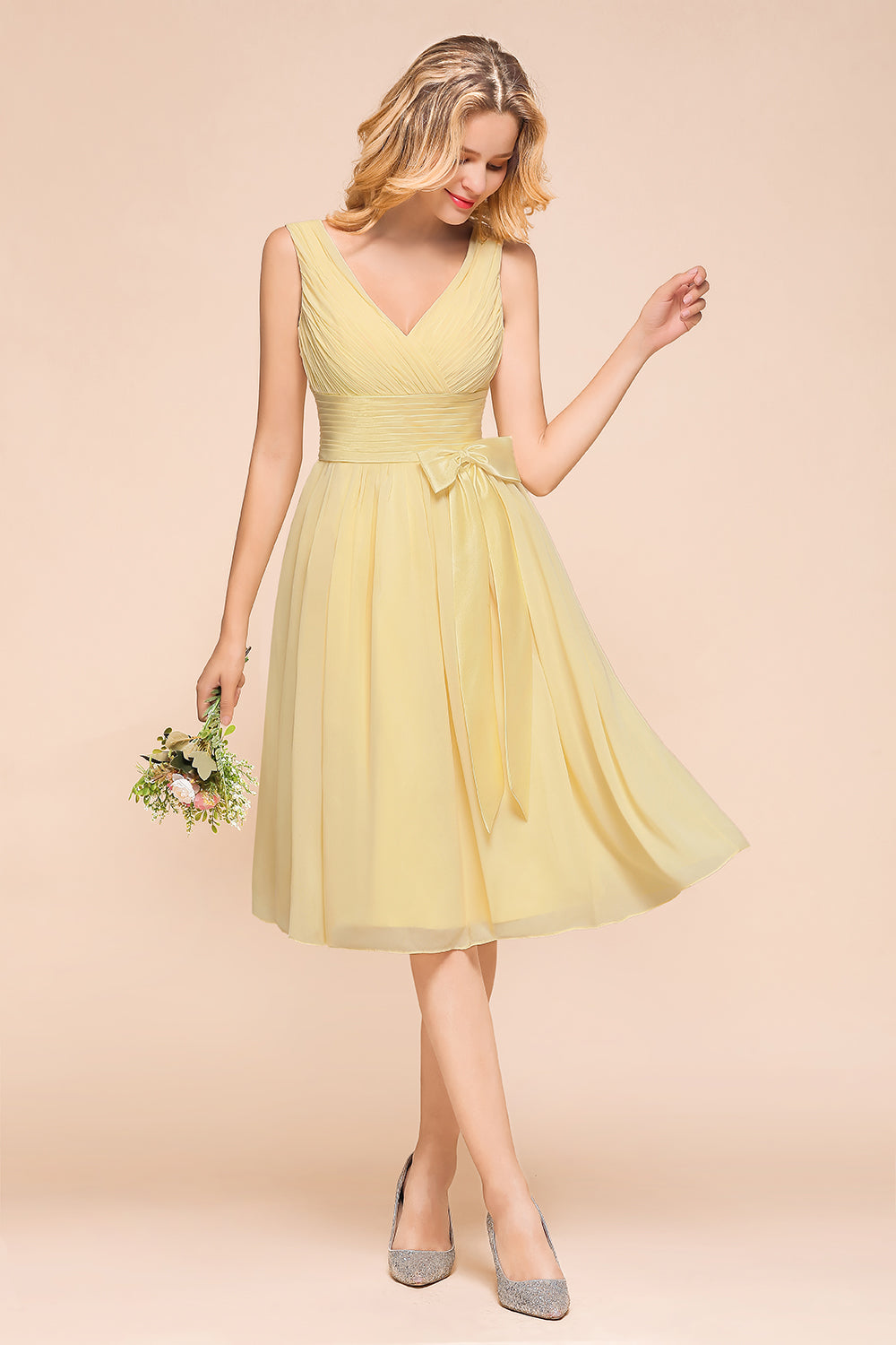 Affordable V-Neck Daffodil Chiffon Short Bridesmaid Dress with Ruffle-Babyonlines
