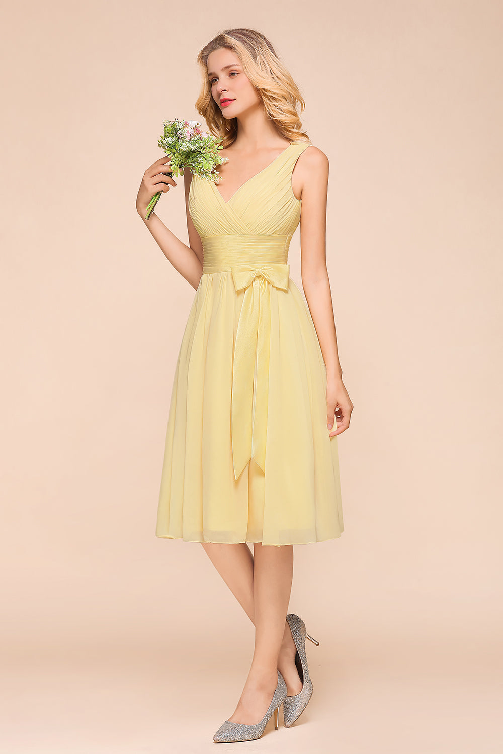 Affordable V-Neck Daffodil Chiffon Short Bridesmaid Dress with Ruffle-Babyonlines