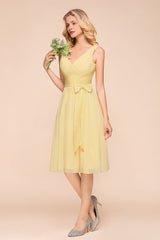 Affordable V-Neck Daffodil Chiffon Short Bridesmaid Dress with Ruffle-Babyonlines