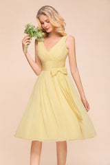 Affordable V-Neck Daffodil Chiffon Short Bridesmaid Dress with Ruffle-Babyonlines
