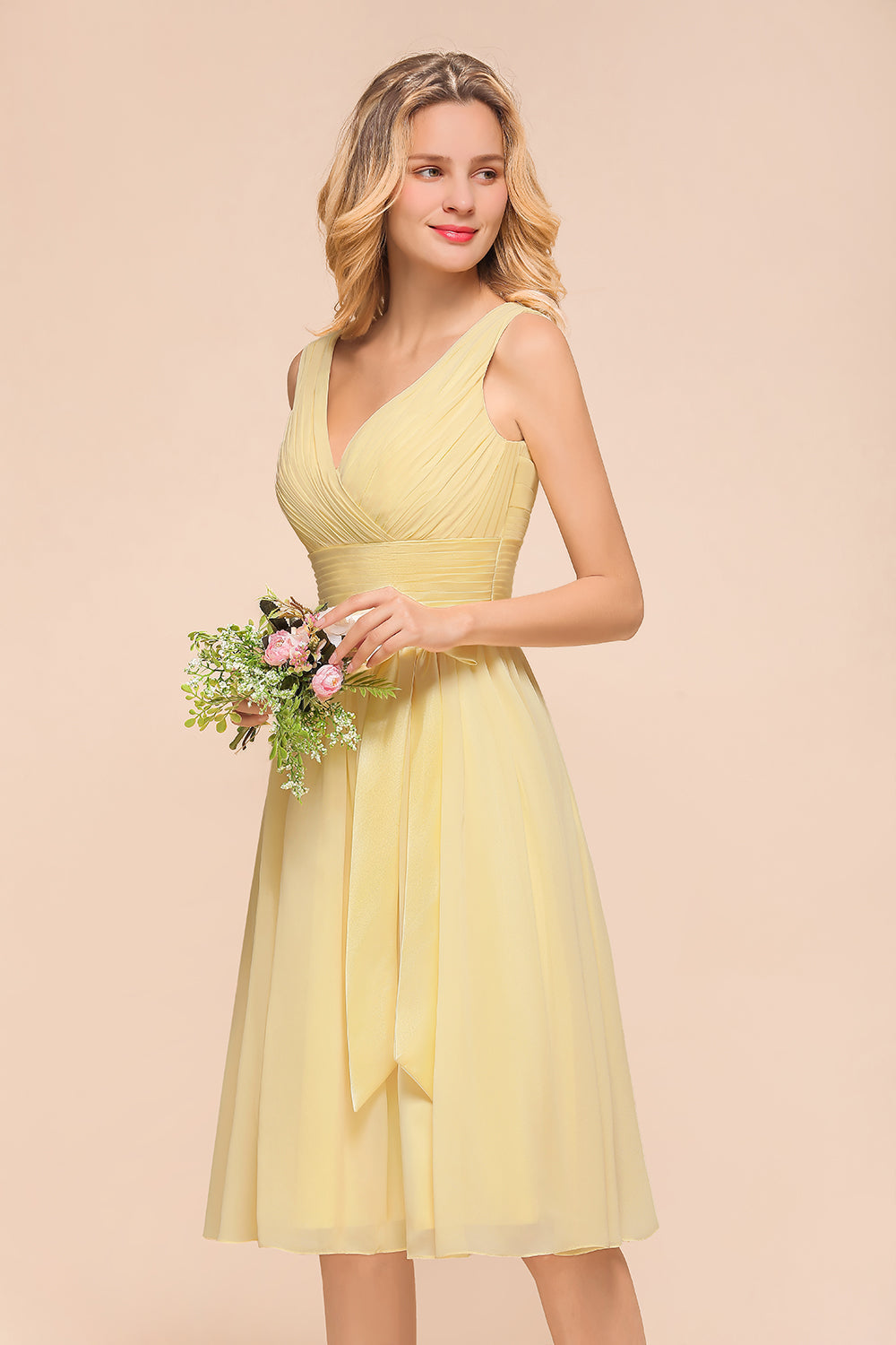Affordable V-Neck Daffodil Chiffon Short Bridesmaid Dress with Ruffle-Babyonlines