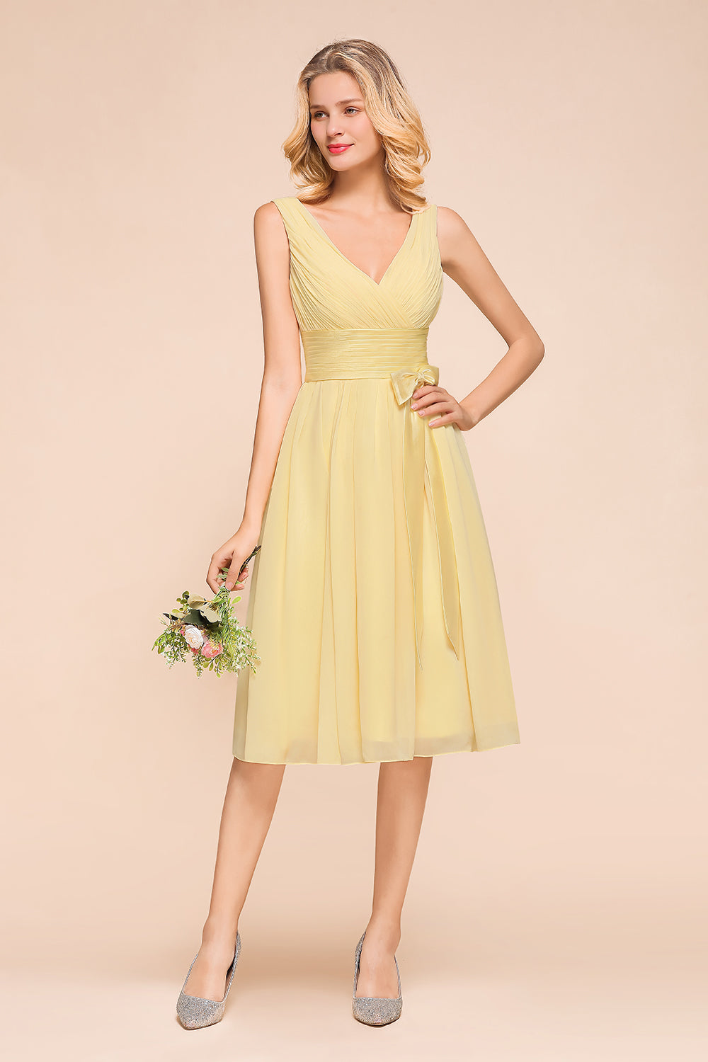 Affordable V-Neck Daffodil Chiffon Short Bridesmaid Dress with Ruffle-Babyonlines