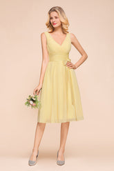 Affordable V-Neck Daffodil Chiffon Short Bridesmaid Dress with Ruffle-Babyonlines