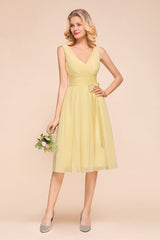 Affordable V-Neck Daffodil Chiffon Short Bridesmaid Dress with Ruffle-Babyonlines