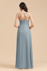 Affordable V-Neck Ruffle Dusty Blue Chiffon Bridesmaid Dresses-Babyonlines