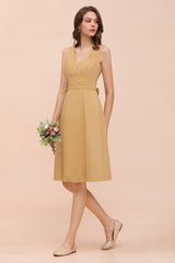 Affordable V-Neck Ruffle Gold Short Bridesmaid Dresses with Bow-Babyonlines