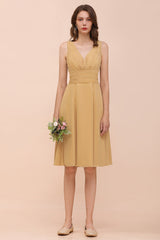 Affordable V-Neck Ruffle Gold Short Bridesmaid Dresses with Bow-Babyonlines