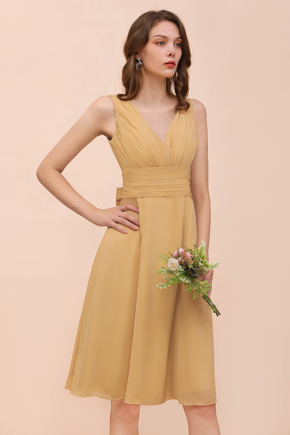 Affordable V-Neck Ruffle Gold Short Bridesmaid Dresses with Bow-Babyonlines