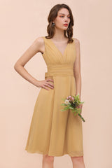 Affordable V-Neck Ruffle Gold Short Bridesmaid Dresses with Bow-Babyonlines