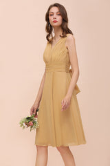 Affordable V-Neck Ruffle Gold Short Bridesmaid Dresses with Bow-Babyonlines