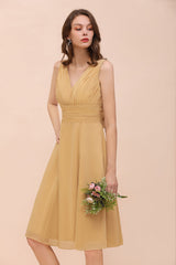 Affordable V-Neck Ruffle Gold Short Bridesmaid Dresses with Bow-Babyonlines