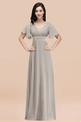 Affordable V-Neck Ruffle Long Burgundy Bridesmaid Dress With Short-Sleeves-Babyonlines