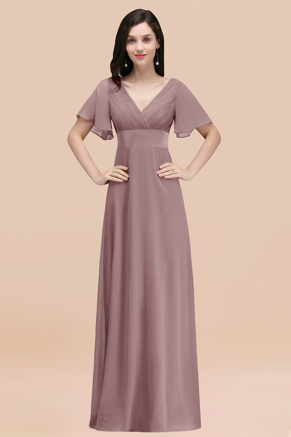 Affordable V-Neck Ruffle Long Burgundy Bridesmaid Dress With Short-Sleeves-Babyonlines