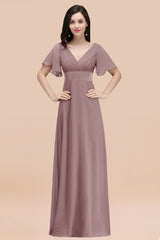 Affordable V-Neck Ruffle Long Burgundy Bridesmaid Dress With Short-Sleeves-Babyonlines