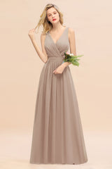 Affordable V-Neck Ruffle Long Grape Chiffon Bridesmaid Dress with Bow-Babyonlines