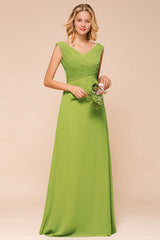 Affordable V-Neck Sleeveless Green Chiffon Bridesmaid Dress Online-Babyonlines