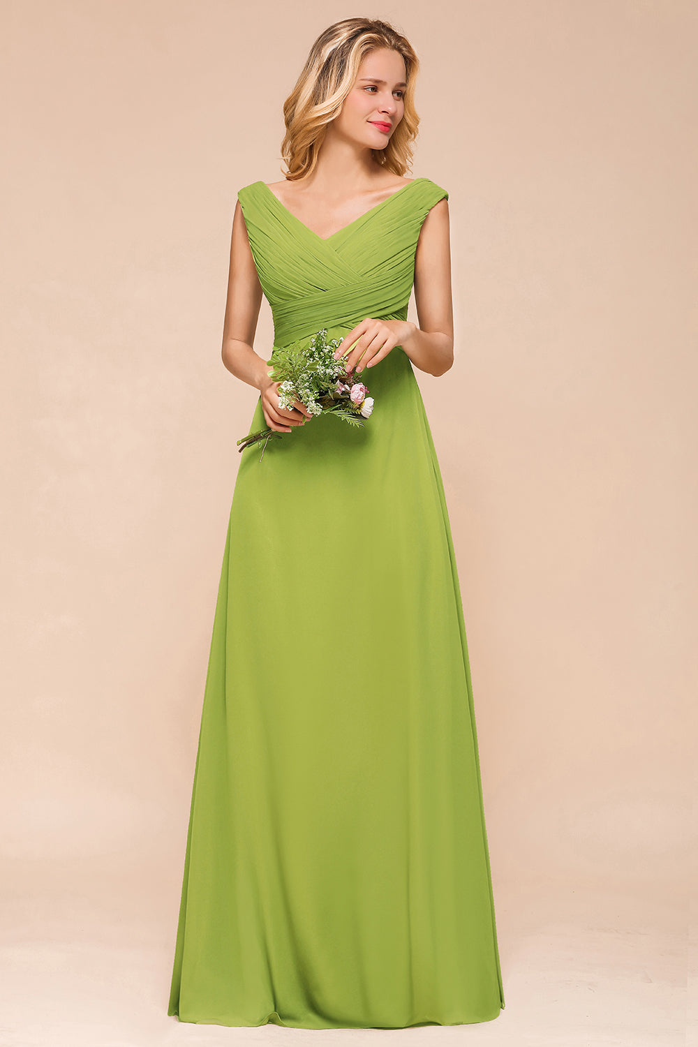 Affordable V-Neck Sleeveless Green Chiffon Bridesmaid Dress Online-Babyonlines