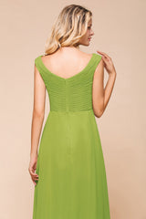 Affordable V-Neck Sleeveless Green Chiffon Bridesmaid Dress Online-Babyonlines