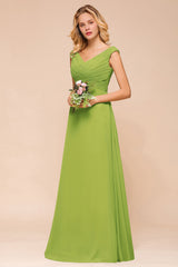 Affordable V-Neck Sleeveless Green Chiffon Bridesmaid Dress Online-Babyonlines