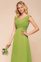 Affordable V-Neck Sleeveless Green Chiffon Bridesmaid Dress Online-Babyonlines