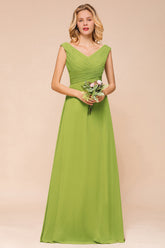 Affordable V-Neck Sleeveless Green Chiffon Bridesmaid Dress Online-Babyonlines