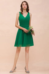 Affordable V-Neck Sleeveless Ruffle Short Bridesmaid Dress-Babyonlines