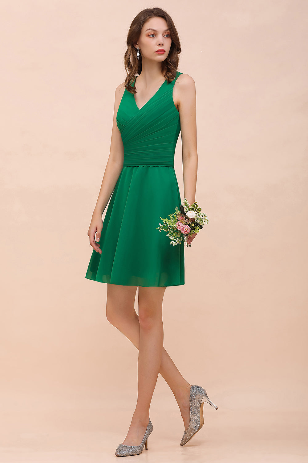 Affordable V-Neck Sleeveless Ruffle Short Bridesmaid Dress-Babyonlines