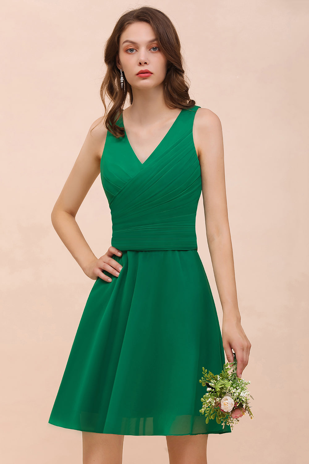 Affordable V-Neck Sleeveless Ruffle Short Bridesmaid Dress-Babyonlines