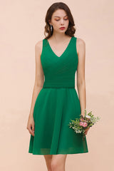 Affordable V-Neck Sleeveless Ruffle Short Bridesmaid Dress-Babyonlines