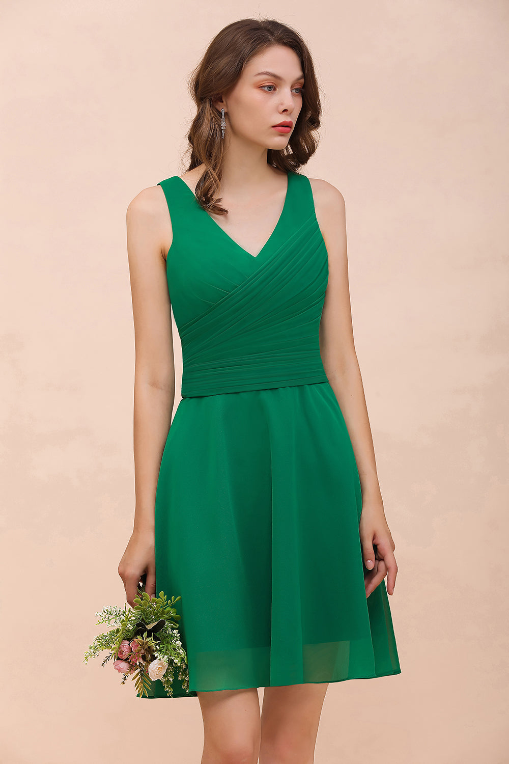 Affordable V-Neck Sleeveless Ruffle Short Bridesmaid Dress-Babyonlines