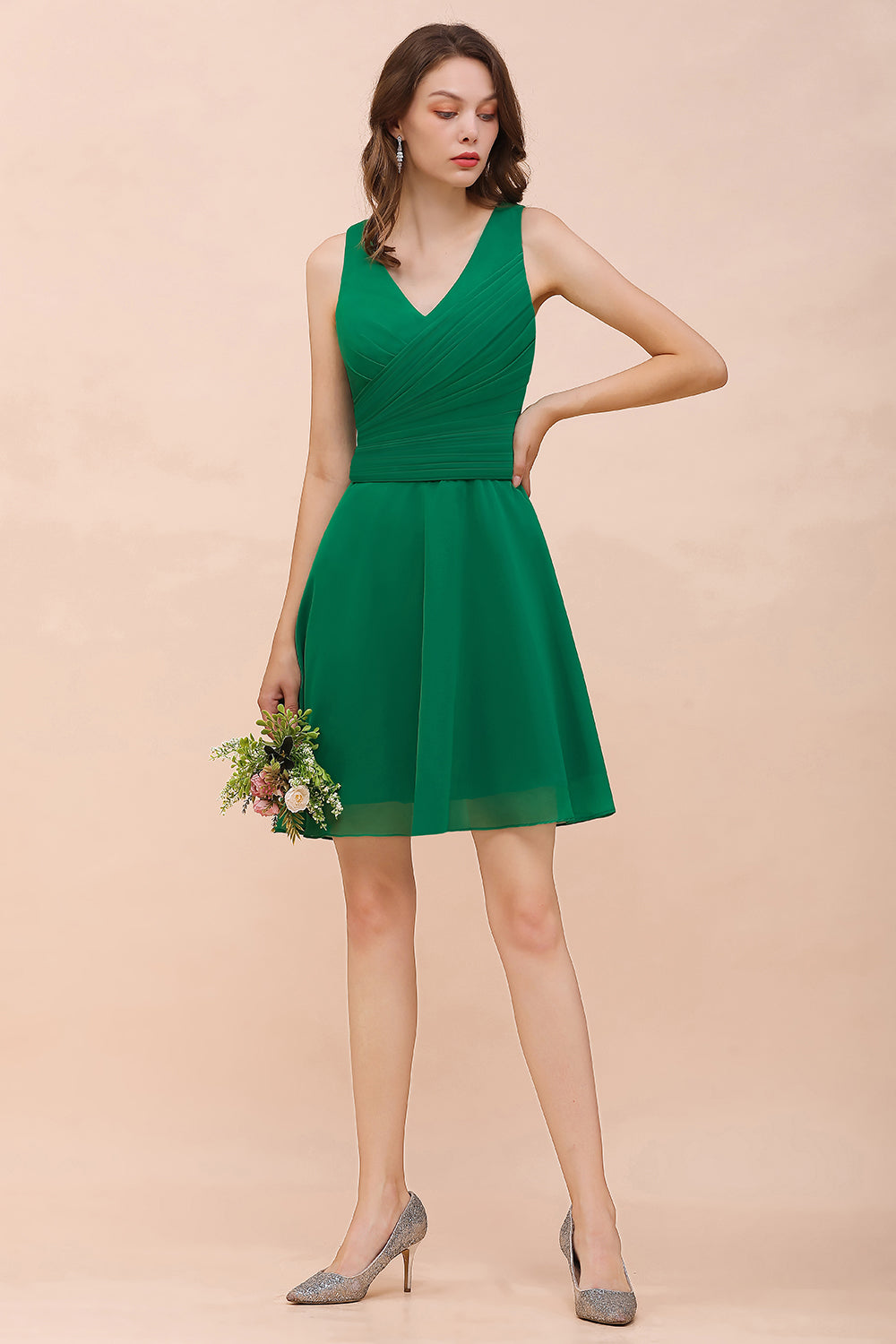 Affordable V-Neck Sleeveless Ruffle Short Bridesmaid Dress-Babyonlines
