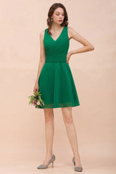 Affordable V-Neck Sleeveless Ruffle Short Bridesmaid Dress-Babyonlines