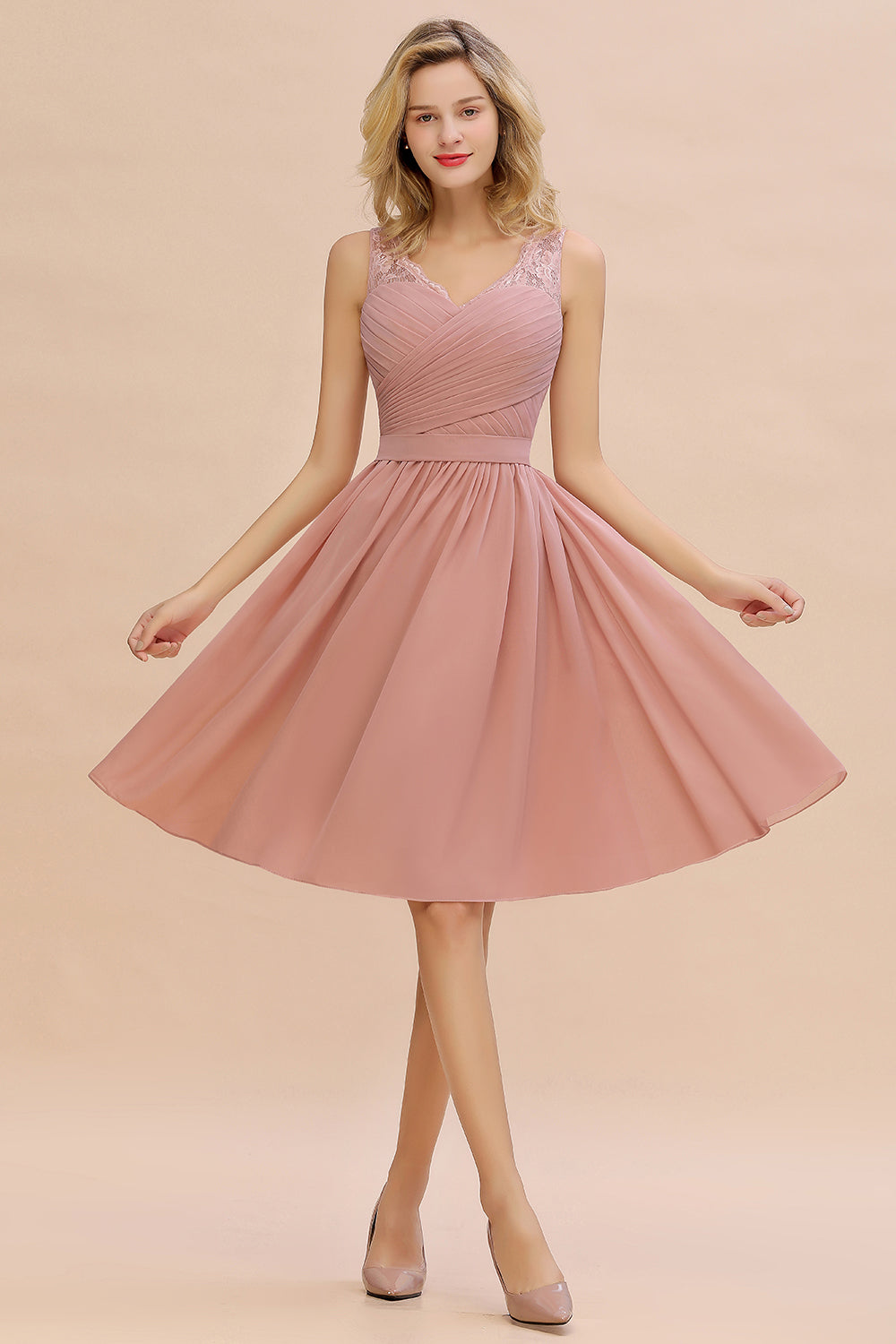 Affordable V-Neck Sleeveless Ruffles Short Lace Bridesmaid dresses Online-Babyonlines