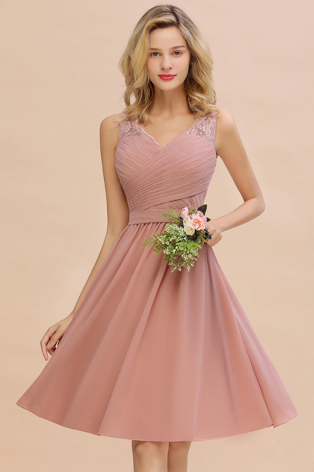 Affordable V-Neck Sleeveless Ruffles Short Lace Bridesmaid dresses Online-Babyonlines